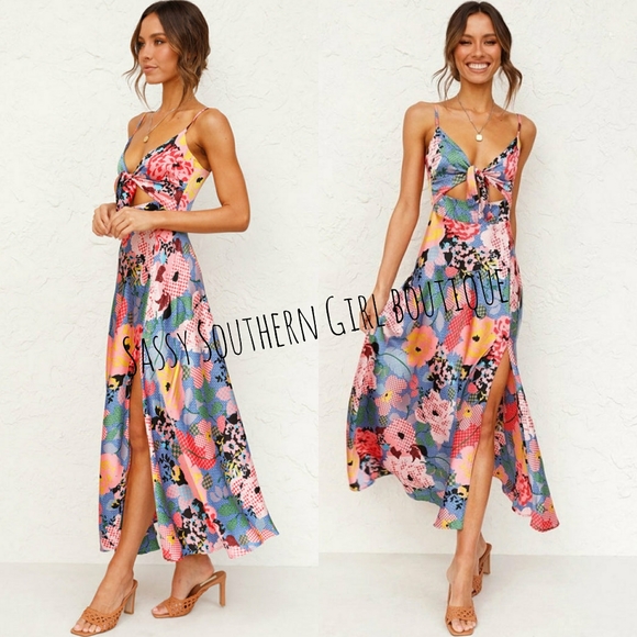 🆕⭐ Boho floral satin honey knot midi dress - Picture 10 of 16